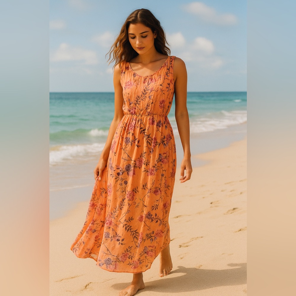 Bellambra Italy Floral Coral Pink Silk Blend Chiffon Sleeveless Maxi Dress